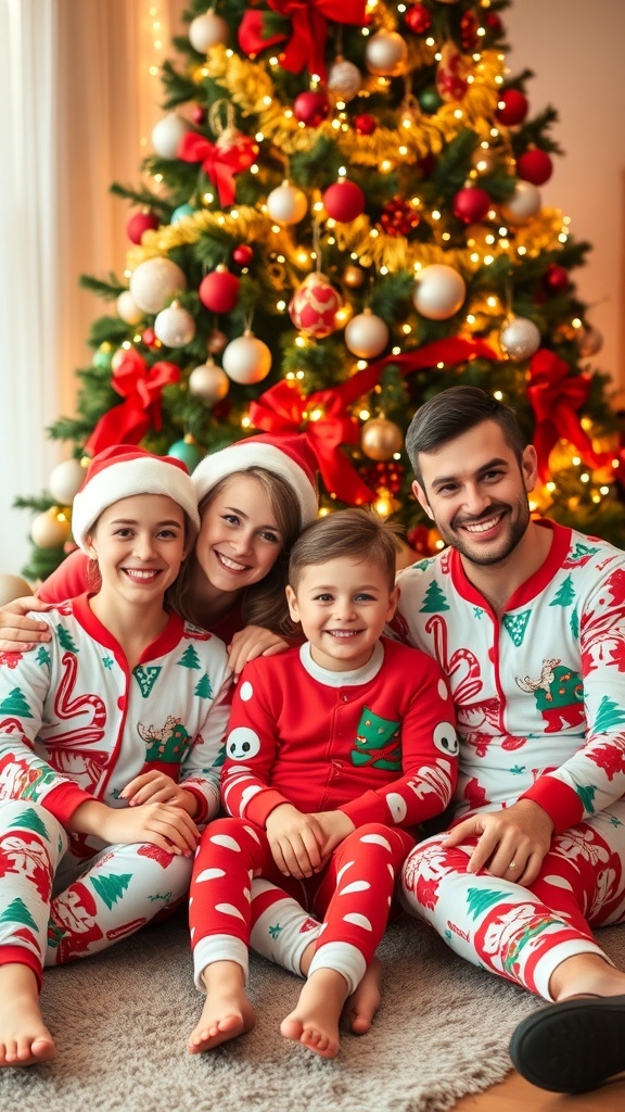 A happy family in matching Christmas pajamas by a decorated tree.